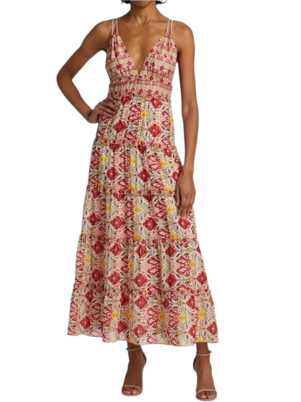 Alice Olivia Karolina Cotton Silk Ikat Maxi Dress Red Yellow Braided Tiered NWT